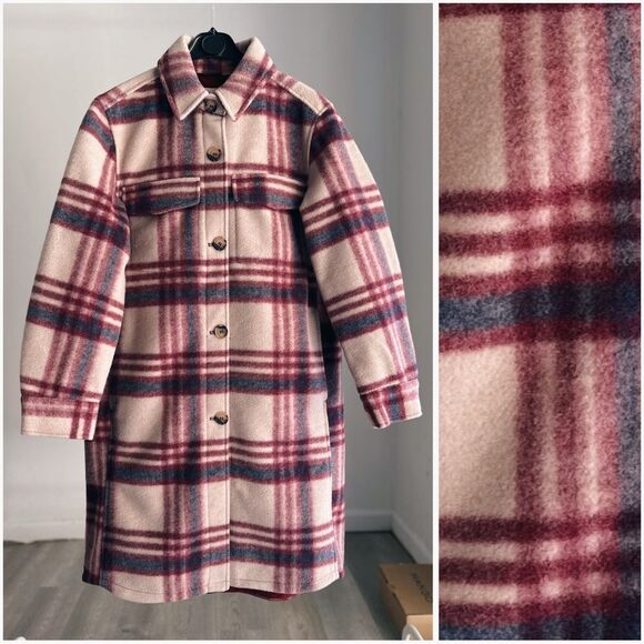 H&M Jackets & Blazers - H&M Plaid Long Shacket Coat Lined Button Front Pink Burgundy Check